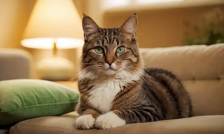 Un gato tranquilo sentado en un cojín, mirando directamente al espectador con grandes ojos verdes, suaves whiskers, y suave piel; en el fondo, una escena de salón borrosa con iluminación cálida, unos juguetes dispersos, y una ventana abierta con luz solar; el ambiente es tranquilo y acogedor, transmitiendo un sentido de intimidad y confianza