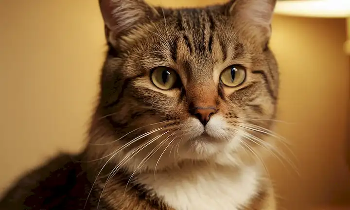 Una cara de gatos con un toque suave en su mejilla, un silbido ligeramente doblado, piel suave, iluminación cálida, espacio íntimo, relajado lenguaje corporal, ambiente calmante, confort femenino, suave mano humana
