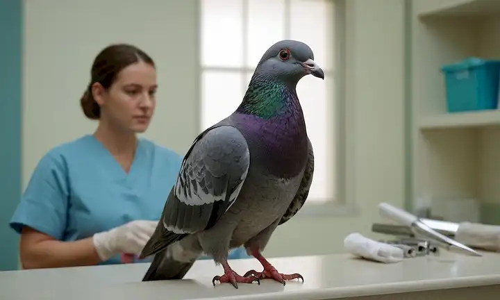Unas palomas suaves se enfrentan con un ala lesionada, siendo retenida o examinada por un veterinario con guantes en, sentado frente a un fondo de un hospital o sala de clínicas, con herramientas médicas y equipos cercanos, enfoque suave