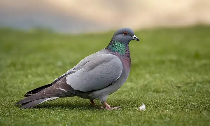 Un paisaje suave con una paloma herida acostada en un parche de hierba verde