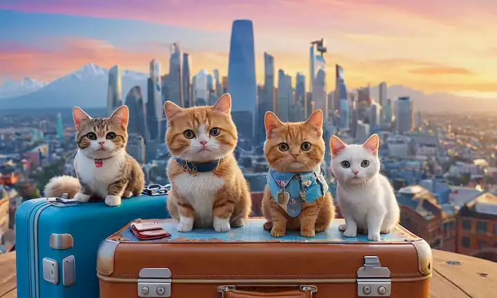 Animales lindos de mascotas de dibujos animados sentados en una maleta, con pasaportes con diseños coloridos, rodeados de accesorios de viaje como etiquetas, sellos y etiquetas de equipaje, ubicados contra un cielo azul brillante o un paisaje urbano al atardecer