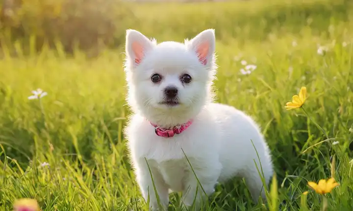 Adorable mascota, feliz propietario, soleado fondo, césped verde, flores coloridas, accesorios lindos, momento de ensueño, suave toque, atmósfera alegre y tono juguetón