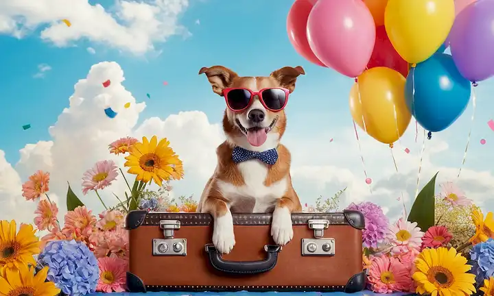 ilustración 3D de un perro feliz con gafas de sol, sentado en una maleta, rodeado de coloridas flores, globos y confeti, con un pasaporte en la mano, en medio de un fondo soleado con nubes