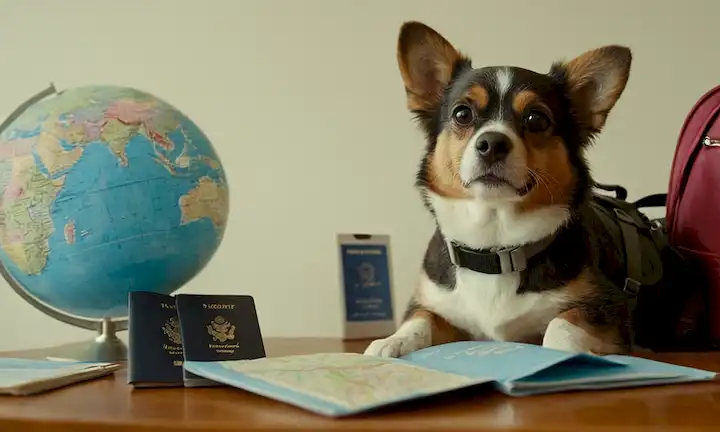 Una mascota feliz con un pasaporte, sentado en un escritorio con un globo, con una pequeña mochila y un mapa de juguete, en medio de documentos de viaje dispersos como pases de embarque, registros de vacunación y tarjetas de identificación
