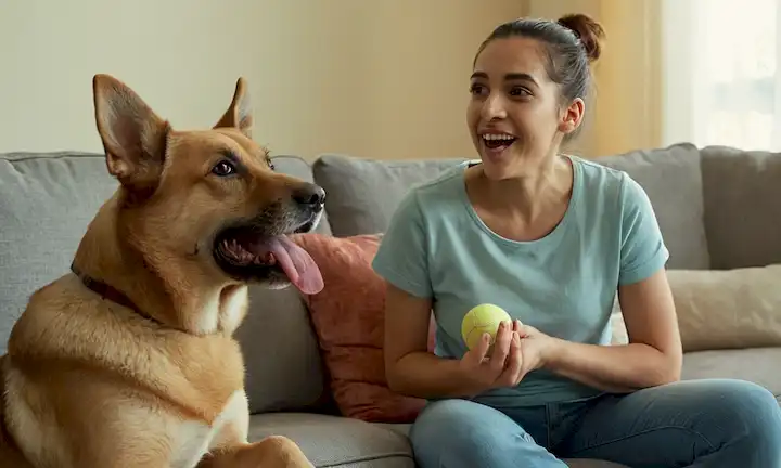 perro feliz con lengua fuera, sentado en el sofá junto a miembro de la familia, jugando bola en el parque, acurrucado con el dueño, siendo acariciado por niño, mirando a la cámara con ojos marrones grandes