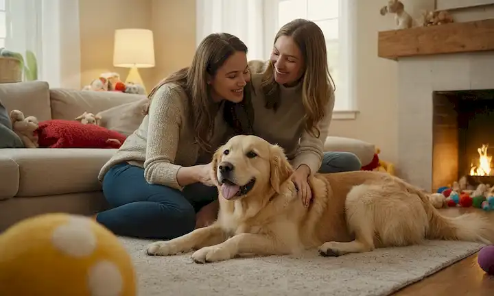 Happy family with a golden retriever puppy surrounded by toys, balls and blankets in a cozy living room, with sunlight streaming through the windows, children laugh and playing, a warm chimenea in the background, a love mother embracing her child while petting the dog