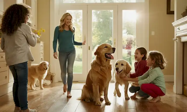 Una cálida escena familiar con una madre sonriente sosteniendo su recuperador de oro, rodeado de niños felices jugando con otros perros en el fondo, la luz del sol derramando a través de una puerta abierta, y un acogedor hogar interior