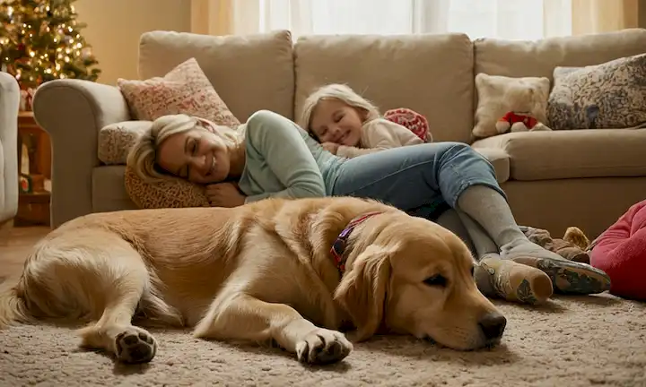 Una cálida y acogedora sala de estar con una familia, un recuperador de oro que se acostó en un sofá, rodeado de juguetes y mantas; la cola de perros ondeando suavemente; un niño sonriente abrazando al perro; una mirada amorosa entre los miembros de la familia, incluyendo la mujer Paula Koops; una suave y natural luz llena la habitación