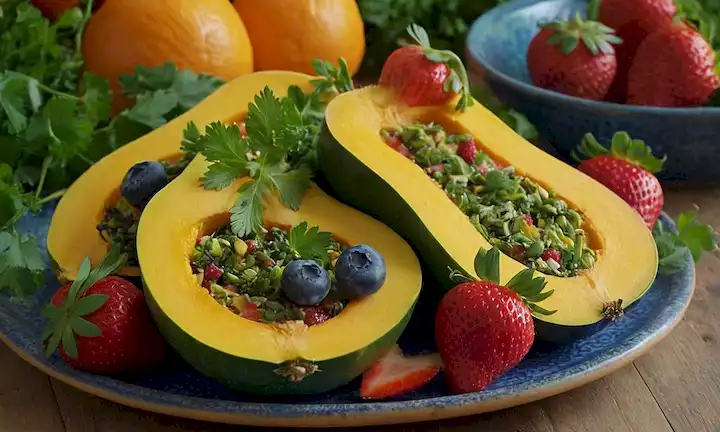 Una calabacín verde brillante en una placa colorida, rodeada de frutas vibrantes como fresas, arándanos y rebanadas de naranja, con hierbas frescas como perejil y cilantro brotando de una pequeña olla de arcilla, contra un fondo de madera caliente