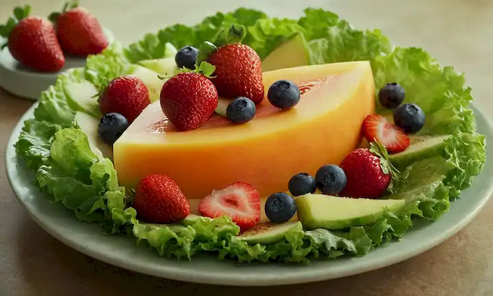 Un plato colorido con melón rebanado, rodeado de varias frutas y verduras como fresas, arándanos, zanahorias y lechuga; un pequeño pájaro encaramado en el borde, mirando la comida con interés; iluminación suave para resaltar texturas y colores; fondo sutil para hacer que los elementos principales destacan
