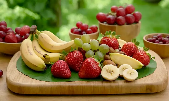 Placa colorida de frutas cortadas como fresas, plátanos y uvas rodeadas de hojas verdes frescas, unas pocas nueces dispersas alrededor, y una pequeña tabla de corte de madera o bambú en el fondo con unos pocos utensilios, suave luz cálida y texturas naturales