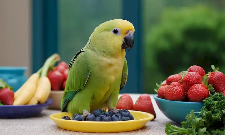 Un parakeet feliz y saludable sentado en un plato colorido, rodeado de frutas frescas como fresas, arándanos, zanahorias, brócoli, con algunas hojas de col en el fondo, y un pequeño tazón de agua cerca
