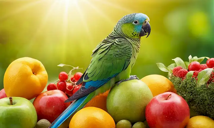 Una placa vibrante, frutas y verduras coloridas, perchas y semillas dispersas, animado parakeet en la parte superior, luz solar brillante, suave fondo gradiente, estilo de ilustración lúdica