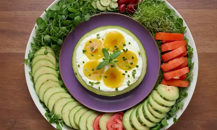 Una placa colorida con berenjenas rebanadas, verduras frescas y frutas dispuestas en un patrón lúdico, rodeada de hojas verdes y ramitas, con algunos brotes o microgramos que agregan textura y atractivo visual
