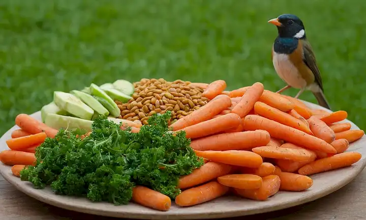Placa colorida, verduras vibrantes, zanahorias crujientes, snacks nutritivos, perches para aves, verdes frescos, semillas dispersas, y un pájaro feliz