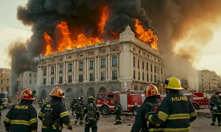 Fuego engullido edificio en Valencia, llamas lamiendo muros, fumando billowing, gente desesperada tratando de escapar, perro corriendo hacia la seguridad, rescate trabajador perrito acaparador, cielo dramático, vehículo de emergencia llegando en escena, caos y angustia en caras, escalera de bomberos