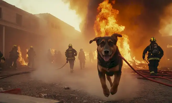 Bomberos que rescatan a un perro de llamas envolviendo un edificio, con humo que se separa y gente corriendo en el fondo, escena caótica, calor intenso y luz, colores dramáticos, resplandor cálido que rodea el esfuerzo de rescate