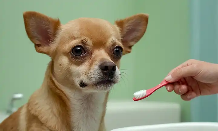 3 adorables perros de raza pequeña (por ejemplo, Chihuahua, Poodle, Bichon Frise), diversos propulsores de salud dental (toothbrushes, tubos de pasta de dientes, quijadas dentales), cuidados humanos suaves (mantener cabeza de perros, limpiar la lágrima), entorno calmante (fondo suave, luz natural), enfoque sutil en la higiene oral