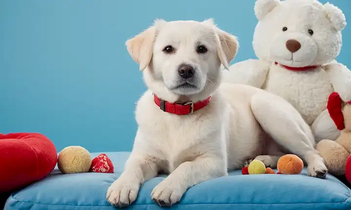 Un perro blanco feliz, rubio, con una expresión dulce, con un collar rojo, sentado en un cojín de felpa, rodeado de juguetes y golosinas, contra un fondo azul suave
