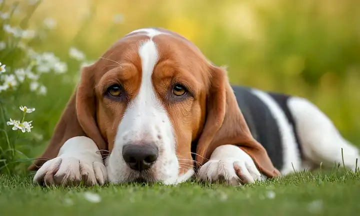 Un sereno Bassett Hound con una suave expresión, acostado en hierba verde suave, rodeado de flores florecientes, con un fondo borroso sutil para transmitir la calma, en un ambiente natural cálido y acogedor