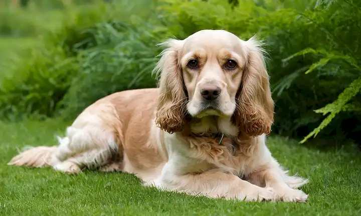 Un perro de raza Cocker Spaniel de aspecto suave, con un abrigo suave, acostado en una superficie de hierba, rodeado de vegetación exuberante, con sus orejas ligeramente inclinadas hacia arriba y cola ondeando en el aire, mirando directamente al espectador, con una expresión de afecto y curiosidad