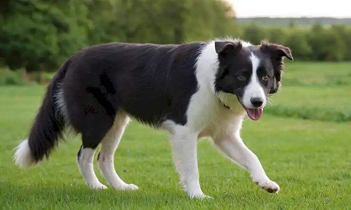 Un Collie Fronterizo con ojos brillantes, una cola ondulante, rodeado de exuberante hierba verde, un fondo borroso de una granja o espacio abierto, con una figura humana en la distancia que juega a buscar o dar afecto