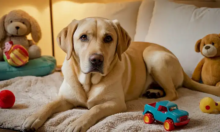 Un ambiente cálido y acogedor, un Retriever de Labrador amistoso acostado en una manta suave, rodeado de juguetes y golosinas, con sus oídos ligeramente inclinados hacia arriba, la cabeza inclinada hacia el lado, y los ojos brillantes con amabilidad, en un ambiente tranquilo y sereno, quizás con un suave arroyo o escena de la naturaleza en el fondo