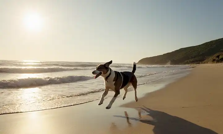 Un perro corriendo en una playa de arena con olas en el fondo, una gaviota de mar volando sobre la cabeza, sol brillando, aire salado soplando, sin correa necesaria, libertad y alegría