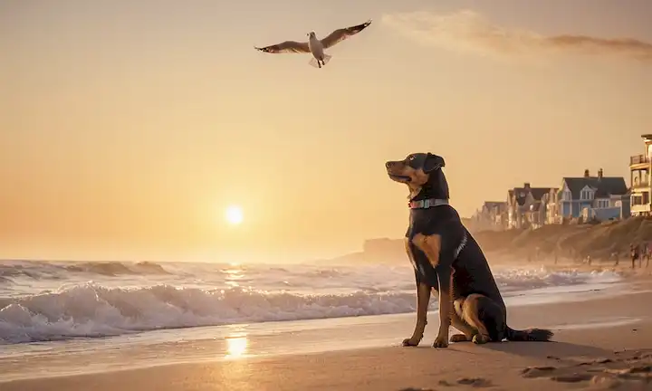 Un perro feliz de pie en la playa
