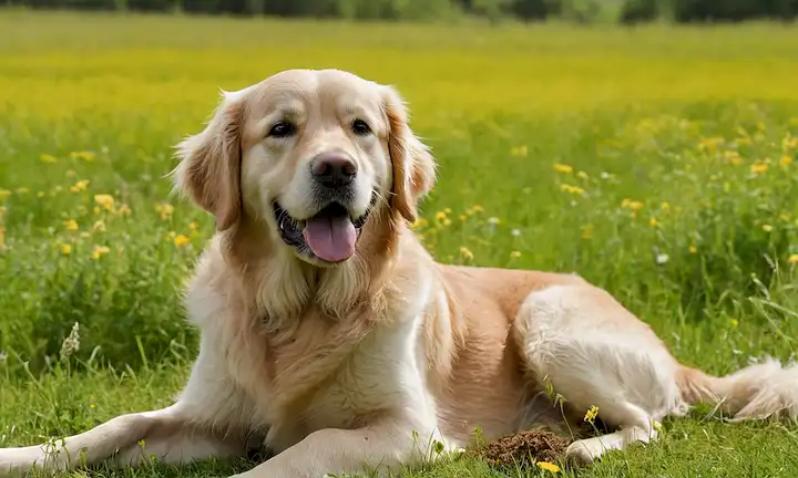 Un feliz recuperador de oro en un prado verde rodeado de flores, con un sutil toque de suciedad y manchas de hierba en su piel, sentado junto a una pila de caca de perro pequeño, mirando ligeramente avergonzado