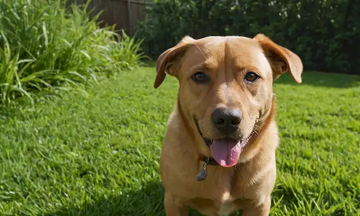 Un perro juguetón con lengua fuera, rodeado de hierba o una escena del patio trasero, posiblemente comiendo una caca o mirando curiosamente a uno, con un toque de suciedad o desorden alrededor