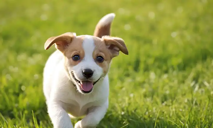 Feliz cachorro, escena juguetona, fondo pastoso, día soleado, expresión alegre, naturaleza curiosa, olfateando o investigando, explorando el ambiente