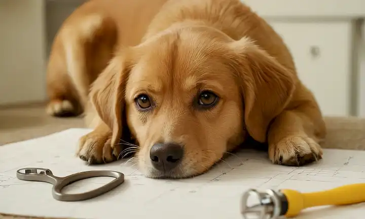 Perro de 4 patas con características similares al cachorro, piel amarilla o marrón, expresión curiosa, jugando con un modelo dental, herramientas dentales en el fondo, un gráfico dental borroso en una superficie cercana