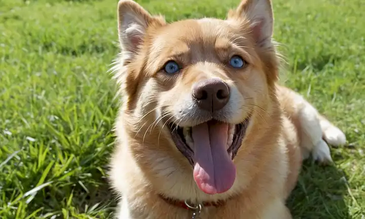 Perro peludo de 4 patas, boca abierta con dos filas de dientes, placa dental, encías hinchadas, lengua blanca, ojos azules, piel marrón, expresión juguetona, postura relajada, ambiente natural, día soleado