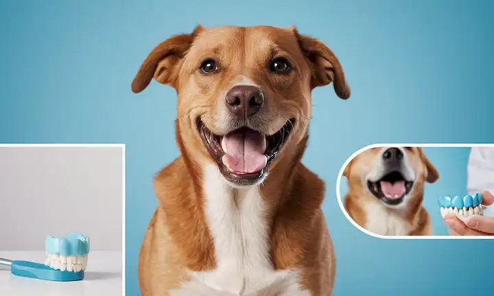 ilustración 3D de un perro sonriente con dientes superiores e inferiores, en diferentes tonos de azul para indicar incomodidad, de pie en un fondo blanco, rodeado de imágenes borrosas de herramientas de cuidado dental, con sutiles indicios de decaimiento dental o inflamación de encías