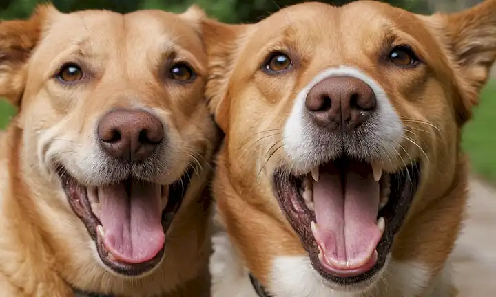 Una foto de un perro feliz con una dentición normal, junto con otro de un perro con una doble condición de dentición, mostrando el hacinamiento de dientes o irregularidades