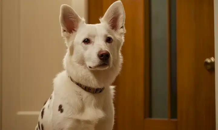 Una curiosa canina, piel blanca con manchas marrones, de pie en la puerta de entrada, orejas subidas, cola alta, mirando hacia la distancia, pata levantada como si dudara en entrar o salir, fondo sutil borroso con un toque interior hogareño visible detrás, cálida y acogedora iluminación