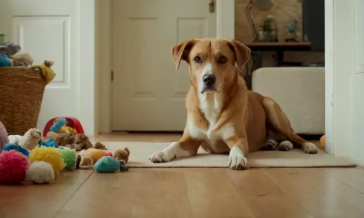 Un perro tranquilo de pie en una puerta, patas ligeramente extendidas, rodeado de juguetes y objetos mascarados, con una expresión facial relajada, en medio de un fondo de sala de estar ordenado pero ligeramente desordenado, con un ligero indicio de destrucción o caos en el área circundante, transmitiendo un sentido de comprensión y cooperación entre humano y canino