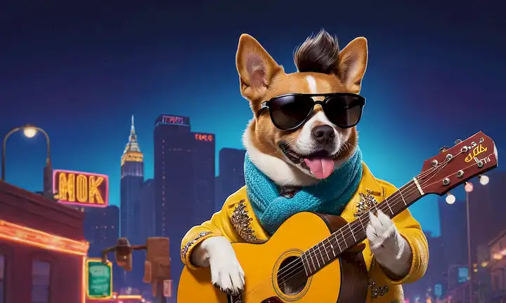 ilustración 3D, colores vibrantes, estilo de dibujos animados, perro antropomorfizado, gafas de sol, bufanda, Elvis Presley-inspired attire, guitarra, peinado divertido, postura relajada, paisaje urbano, luces de calle brillantes, signos de neón, símbolos icónicos