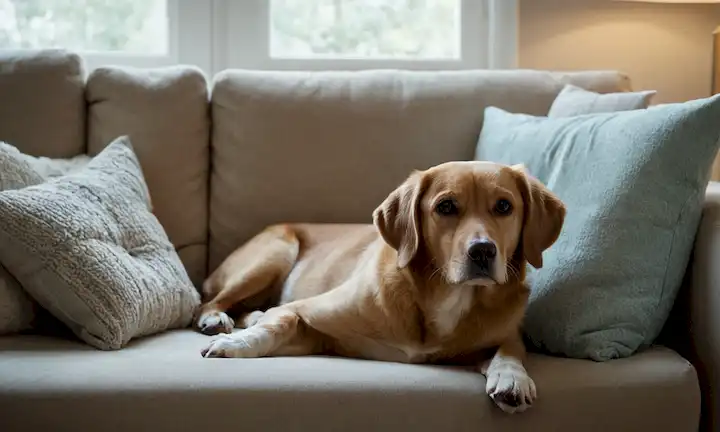 Un perro tranquilo acostado en un sofá suave, rodeado de almohadas y mantas; una persona sentada a su lado con una mano suave descansando en su espalda; luz natural que se derrama desde la ventana; un ambiente tranquilo con un toque de calor y coziness