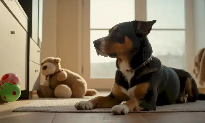 Un perro tranquilo en una sala de estar, una ventana abierta, sol brillando a través, unos juguetes dispersos alrededor, no ruidos ruidosos presentes, una figura humana visible en el fondo, atmósfera relajada, colores naturales, mínimos props