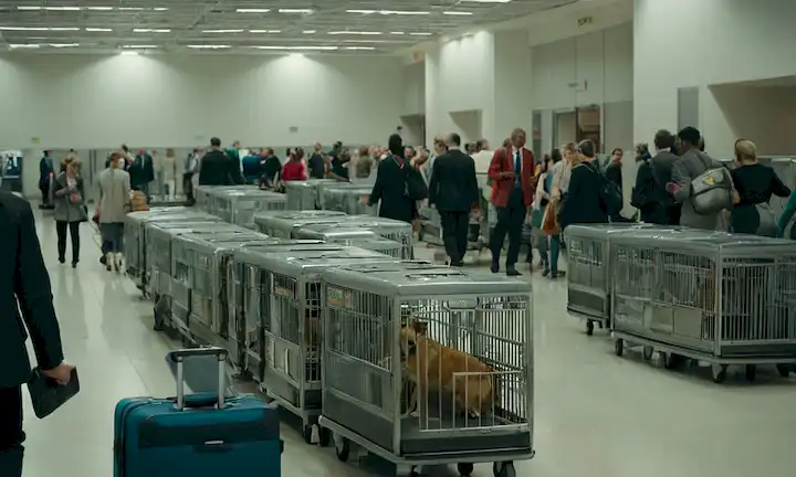 pasillos de aeropuerto forrados con jaulas, perros ansiosos que caen dentro, manejadores agotados caminando en el fondo, carros de equipaje abandonados, pasajeros corriendo para coger vuelos, caos y confusión llenando el aire, personal de seguridad de pie a la atención