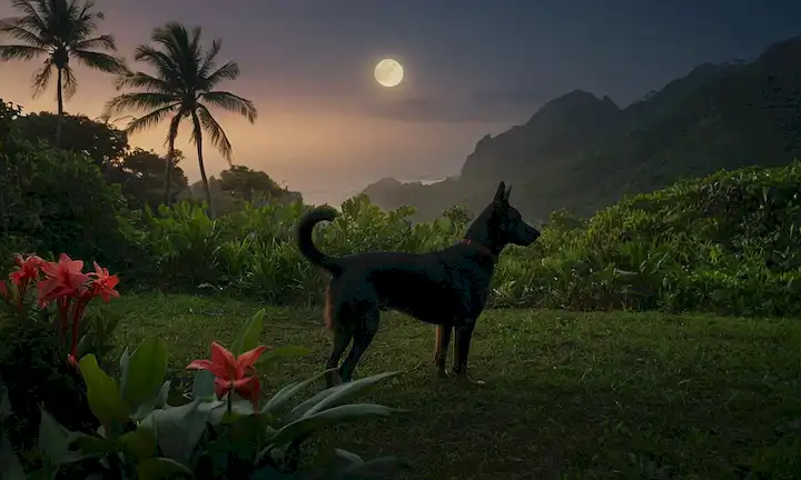 Un paisaje sereno, iluminado por la luna con una silueta de un perro a la distancia, rodeado de exuberante vegetación y flores tropicales, con un ligero toque de bruma que se eleva desde el suelo, representando un sentido de tranquilidad y tranquilidad, contrastando con la oscuridad y el peligro que se arrastra en el fondo