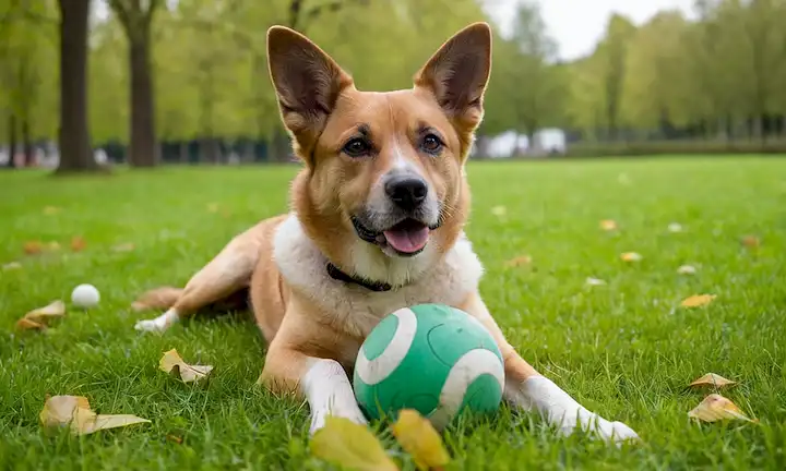 Un perro juguetón de raza mixta en un parque verde, rodeado de árboles, con unas cuantas hojas cayendo alrededor de él; el perro está sentado o acostado en la hierba, con una pelota o juguete cerca de su pata