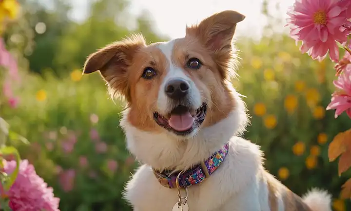 Un perro alegre de raza mixta de pie sobre un fondo colorido