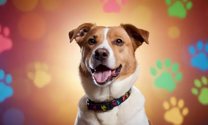 un perro de raza mixta, sonriendo, rodeado de símbolos de código genético colorido, frente a un fondo borroso de razas de perros, con una impresión de patas o un helix de ADN cerca, transmitiendo un sentido de exploración y descubrimiento
