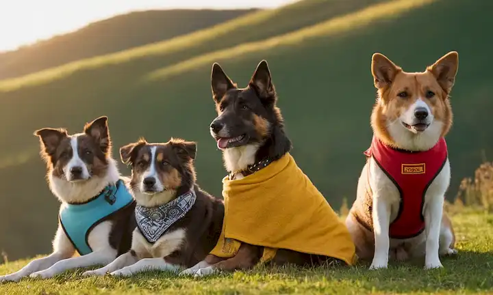 4-6 perros con razas mixtas, sentados en una ladera de hierba, luz solar cálida, ropa colorida, diversas texturas y patrones, expresiones juguetonas, no reconocimiento específico de raza, atmósfera relajada, presencia humana en el fondo