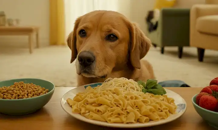 Una escena cálida y acogedora, con un perro sentado o acostado cerca de su dueño, con un plato o un tazón delante de él, lleno de diversos alimentos humanos tales como pasta, pan o fruta, y posiblemente unas cuantas golosinas de perros dispersas, transportando un sentido de cercanía y compartiendo