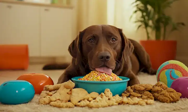 Un perro, feliz y relajado, comiendo de un tazón con un medidor de alimentos lleno, rodeado de juguetes y golosos de perros coloridos, transmitiendo un sentido de abundancia y satisfacción, en medio de un fondo brillante y alegre, quizás con un sutil gradiente o textura, evocando un ambiente cálido y acogedor