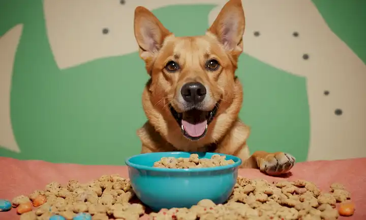 perro feliz con boca abierta, fondo colorido, golosinas dispersas, huellas de patas, un tazón delante del perro, una mano humana que se extiende, un ambiente tranquilo
